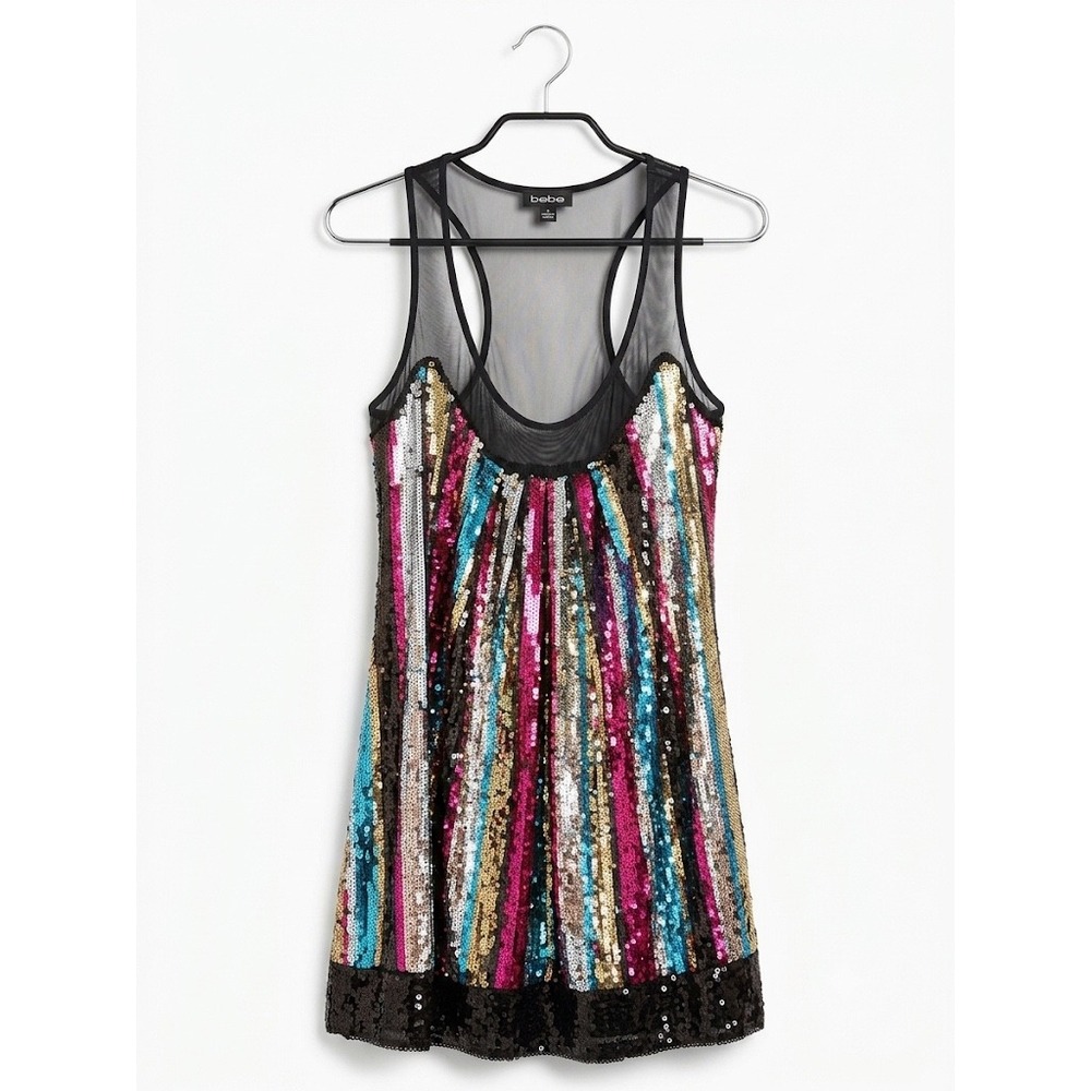 Vintage Y2K Bebe Silk Sequin Mesh Mini Dress Multicolor Stripe XS